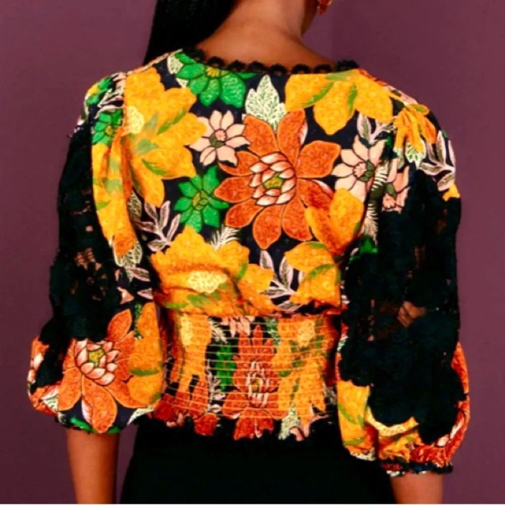 NEW Farm Rio Black Garden Puff Sleeve Blouse Tropical Floral Lace Inset Size S